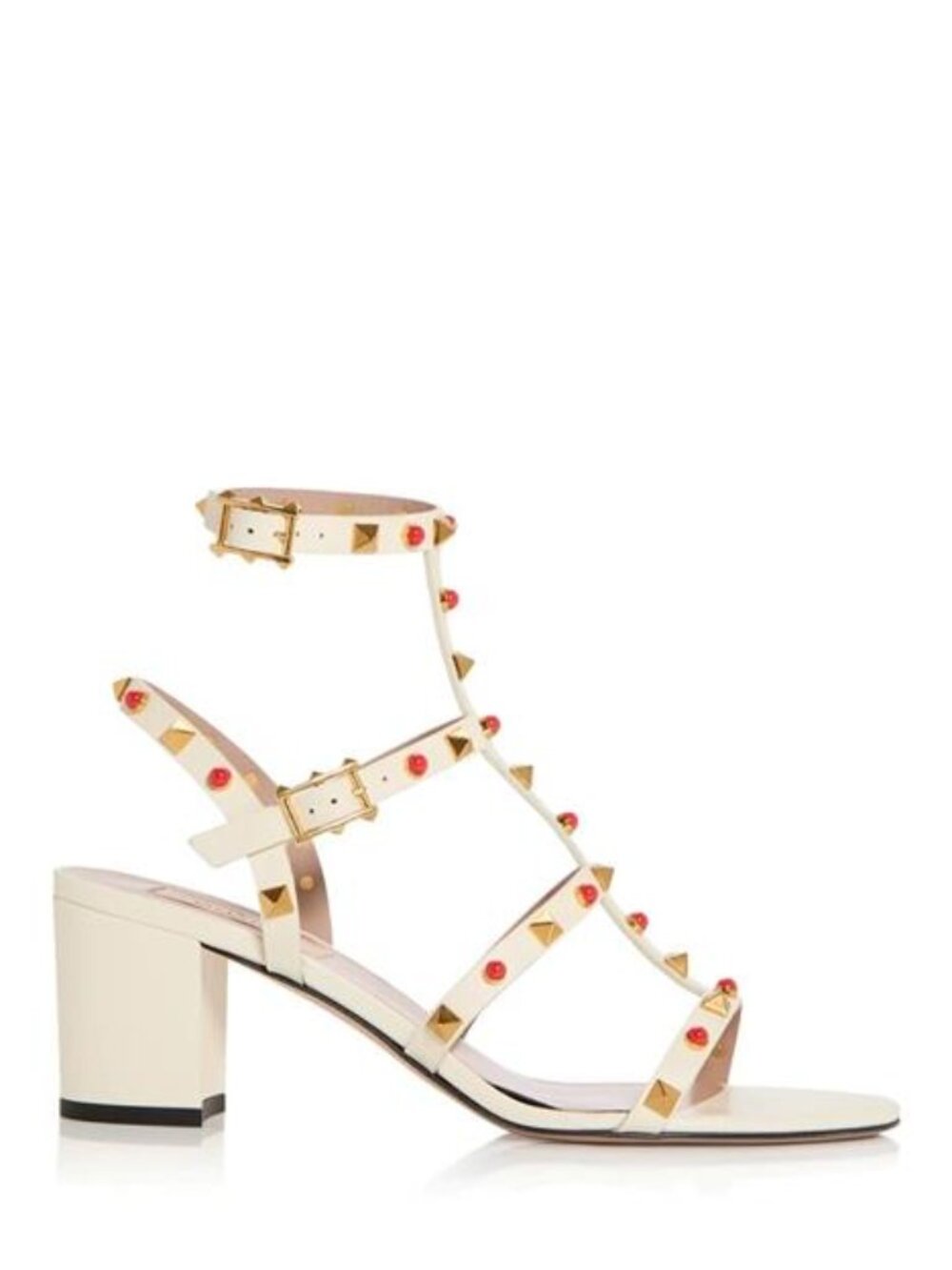 Valentino Rockstud Studded Caged T Strap Block Heel Leather Sandals Ivory